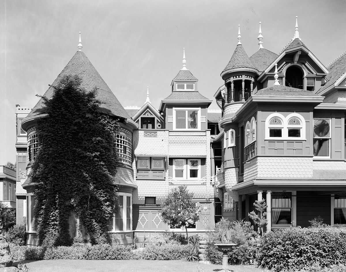 The south end of the Winchester house's east front in a black-and-white survey photograph