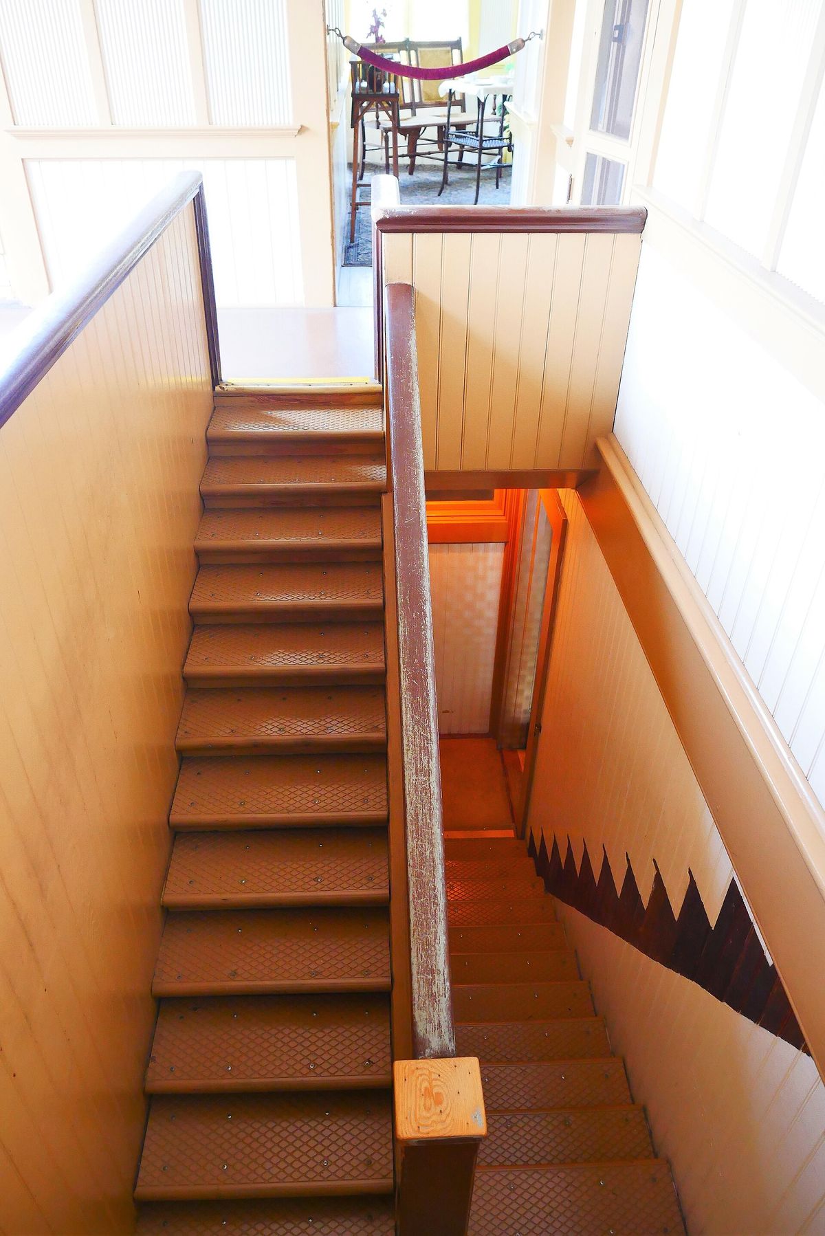 A narrow stairway of very shallow steps in the Winchester Mystery House