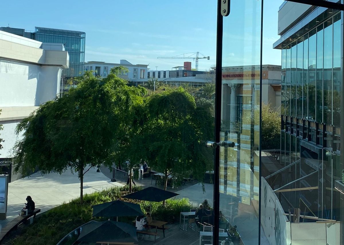 Santana Row's rooftops seen from a terrace at Westfield Valley Fair
