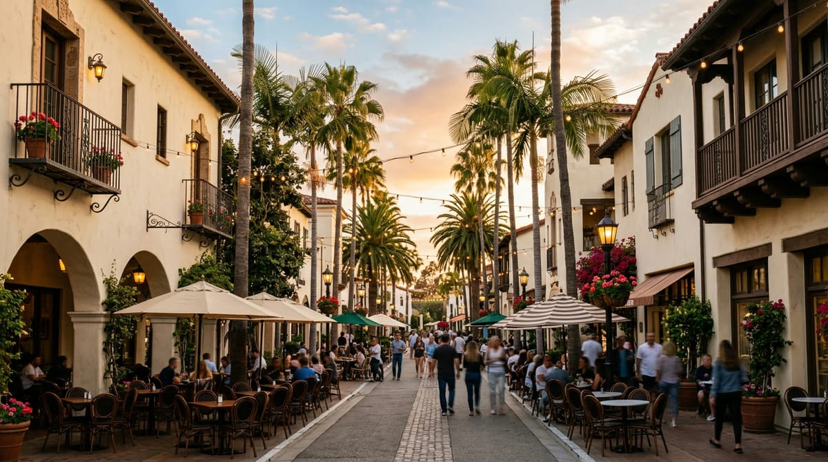 A palm-lined street of Mediterranean-style buildings at golden hour