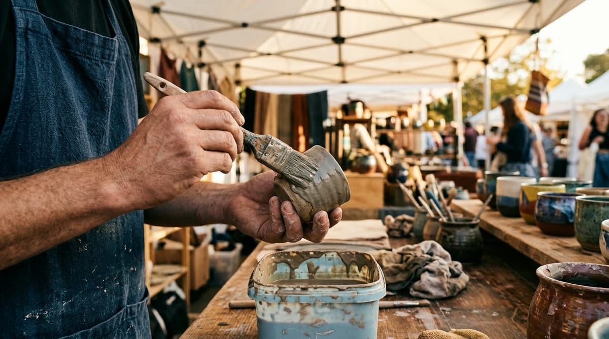 Hands glazing a handmade ceramic cup at a craft-market table