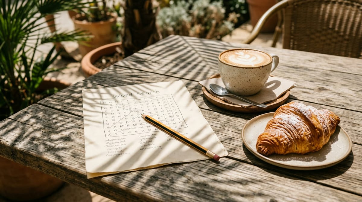 A word search, a pencil, a cappuccino and a croissant on a sunny cafe table