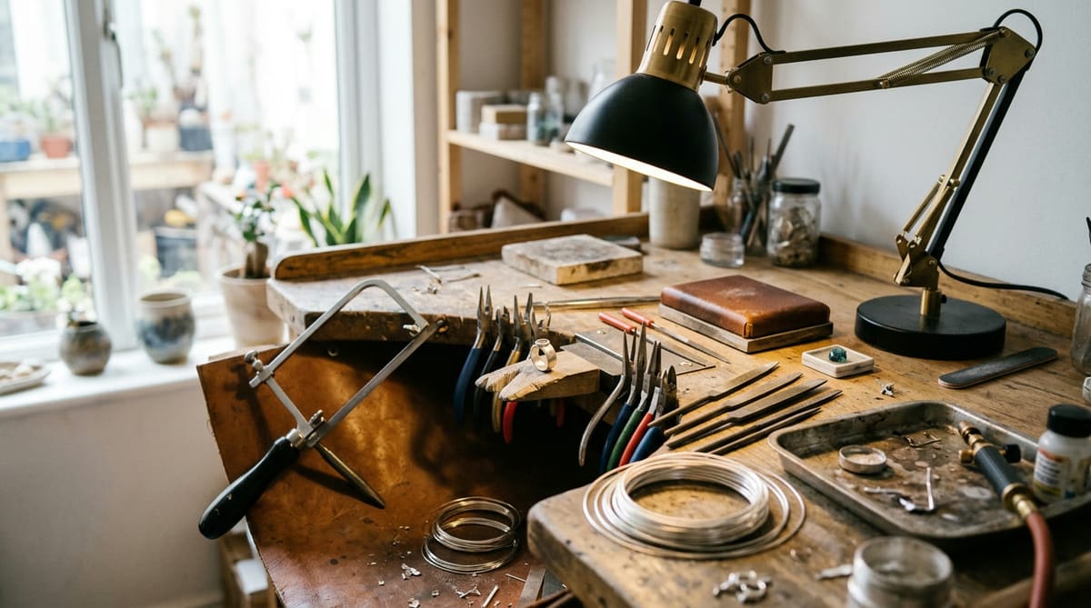 A jeweler's bench with tools and a half-finished ring in a small studio